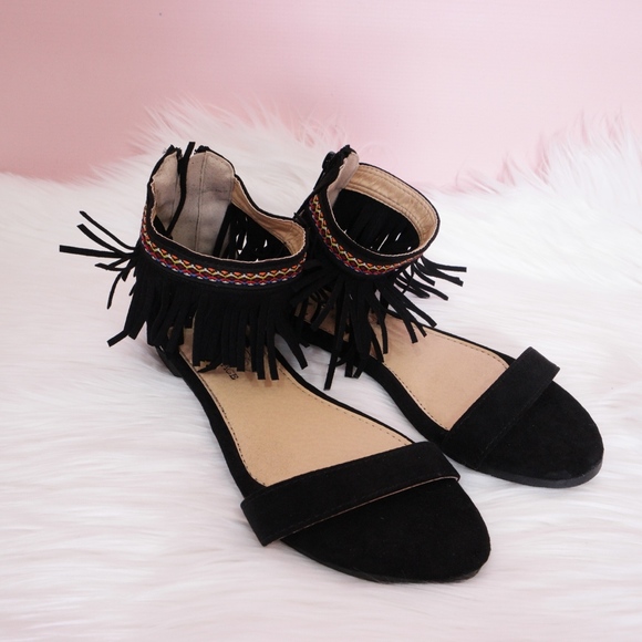 Boho Fringe Flat Sandals Black - Picture 5 of 8